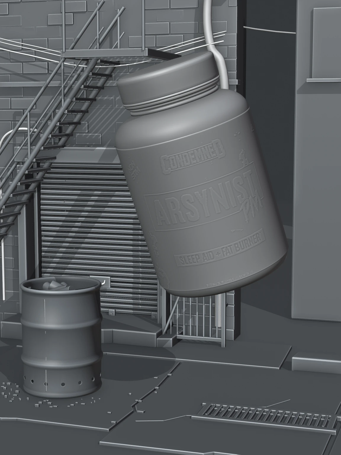 Same camera and geometry in neutral clay shading, without fire volumes