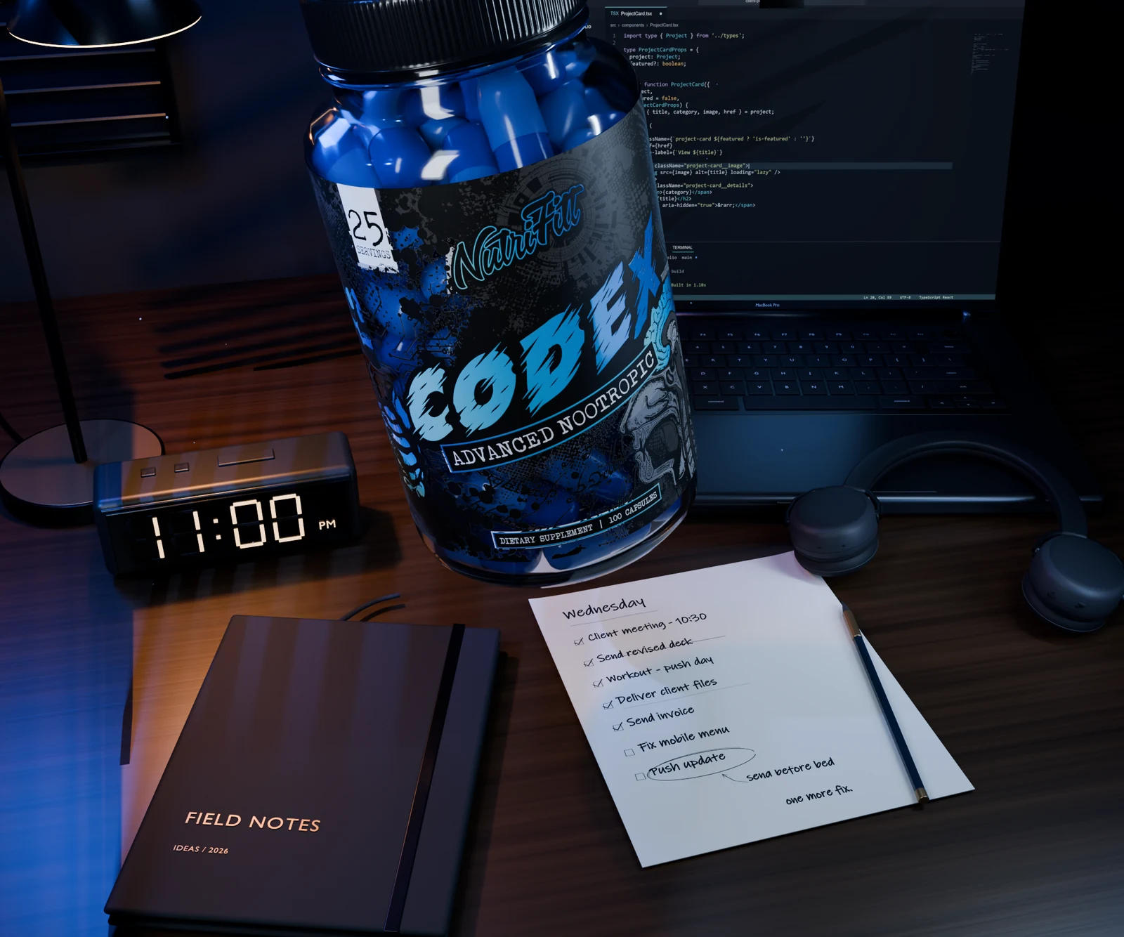 A handwritten task list, pencil and illuminated code editor on the office desk