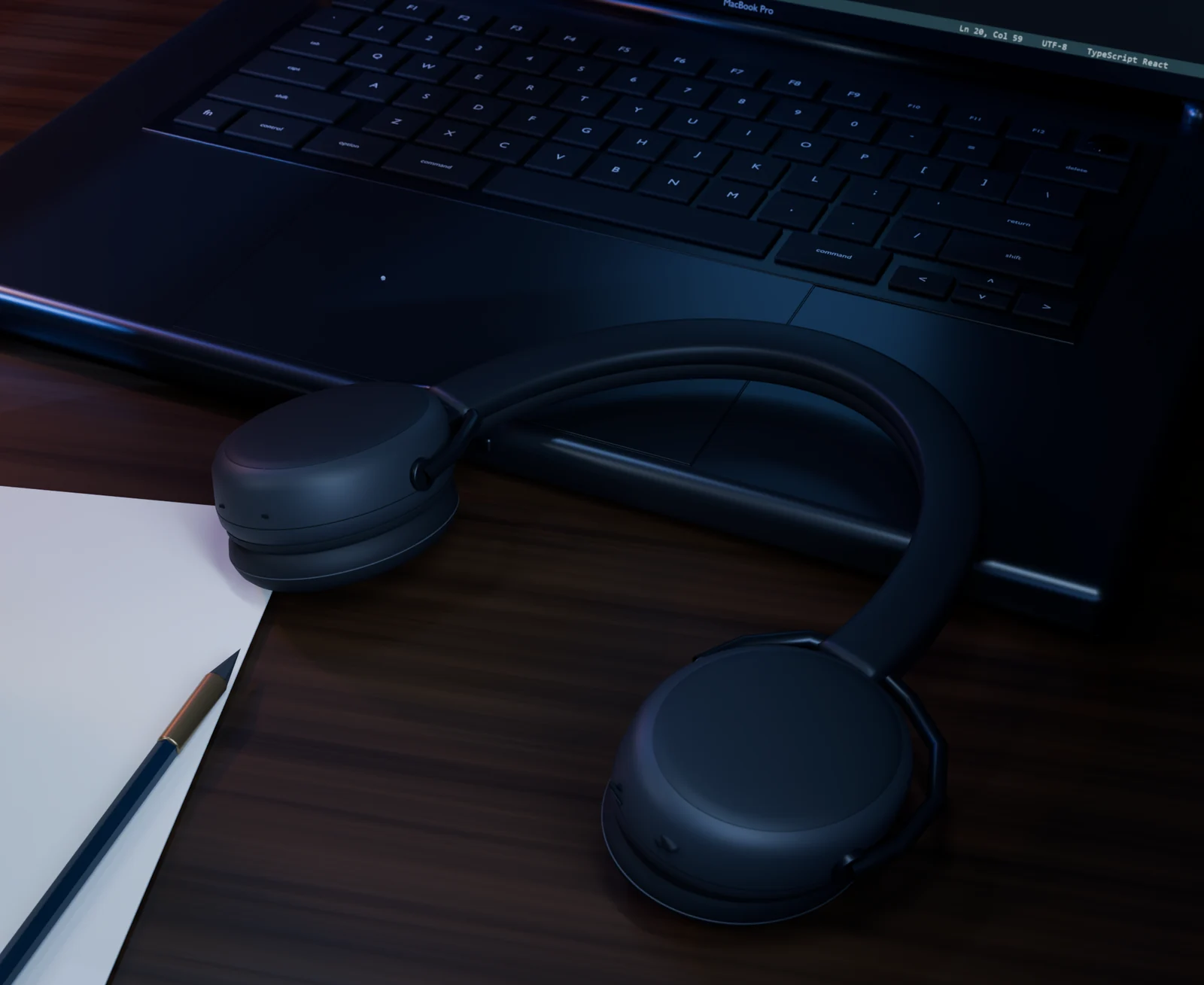 Matte-black headphones with cushioned ear cups and a restrained blue edge reflection