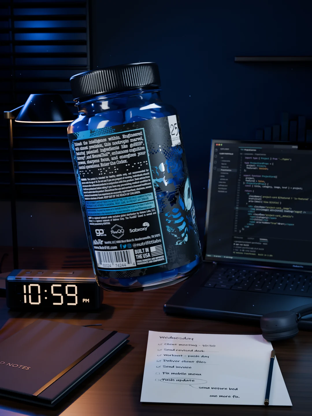 Clear CODEX bottle wall, curved label and blue capsules catching the office light