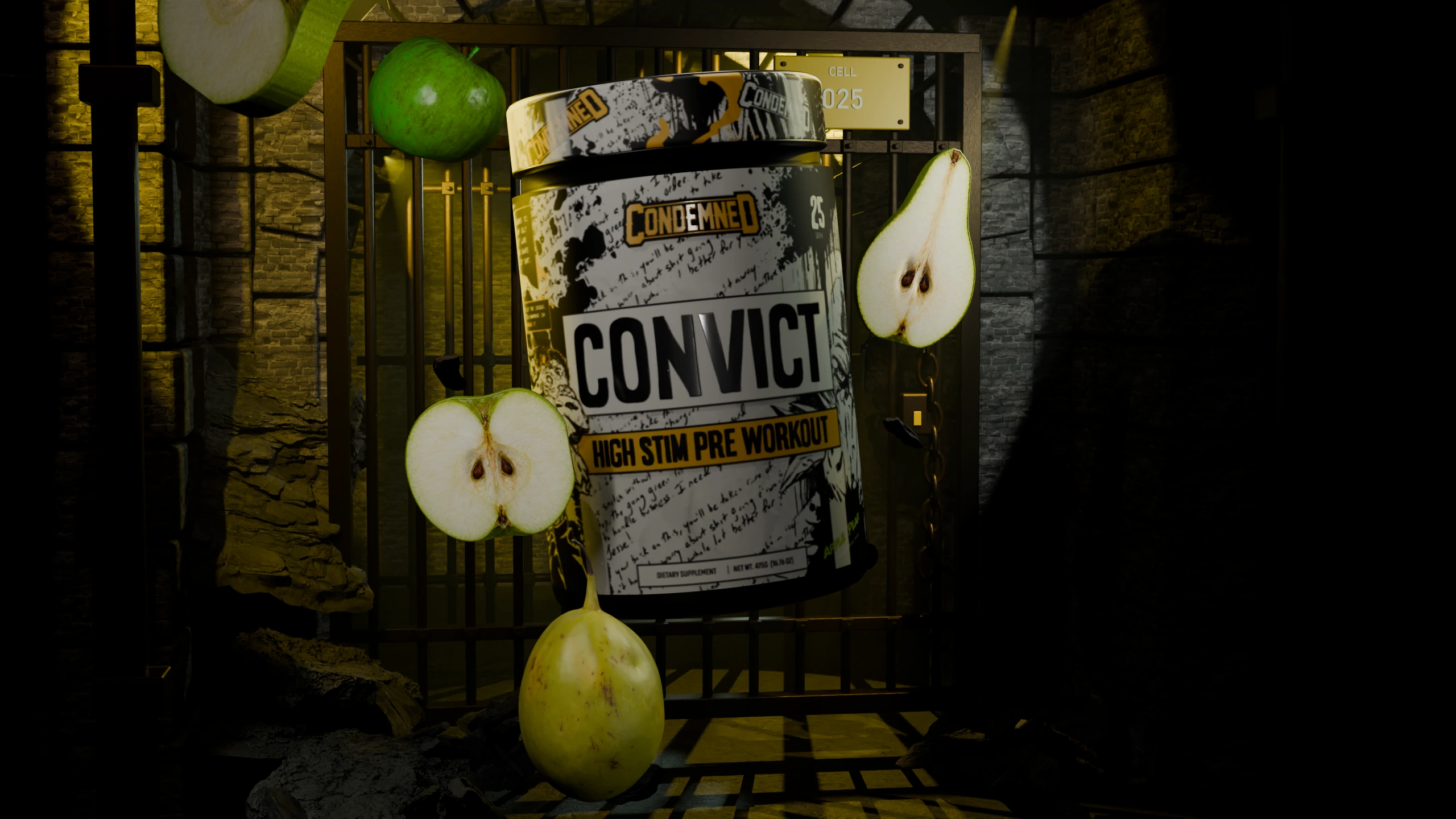Convict Apple Pear floats among whole and cut fruit inside a dark cellblock crossed by hard yellow light and prison-bar shadows.