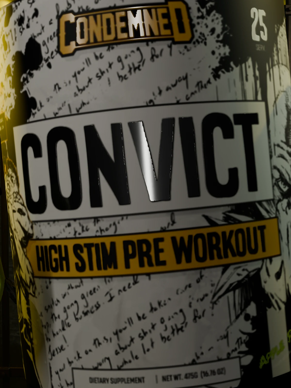 Close view of CONVICT lettering and the selective surface finish