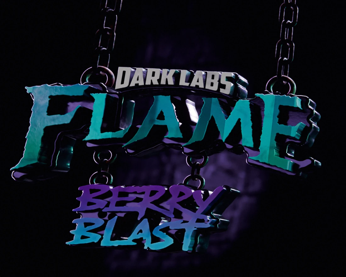 Close view of the hanging sign: Dark Labs in white, FLAME in teal and Berry Blast in purple as raised glossy letters on black plates, hung from iron chains by rings