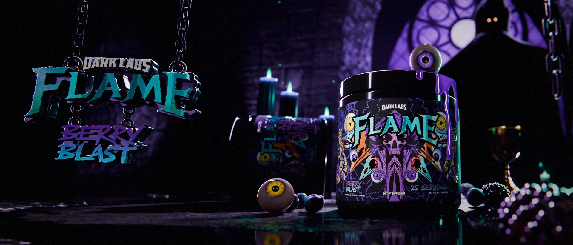 Wide banner of the FLAME crypt scene: on the left the names Dark Labs, FLAME and Berry Blast as a sign of black plates with raised printed letters hanging on iron chains; on the right the tub with purple liquid melting off its lid, an eyeball on top, a second tub on its side, candles and the stained glass window behind
