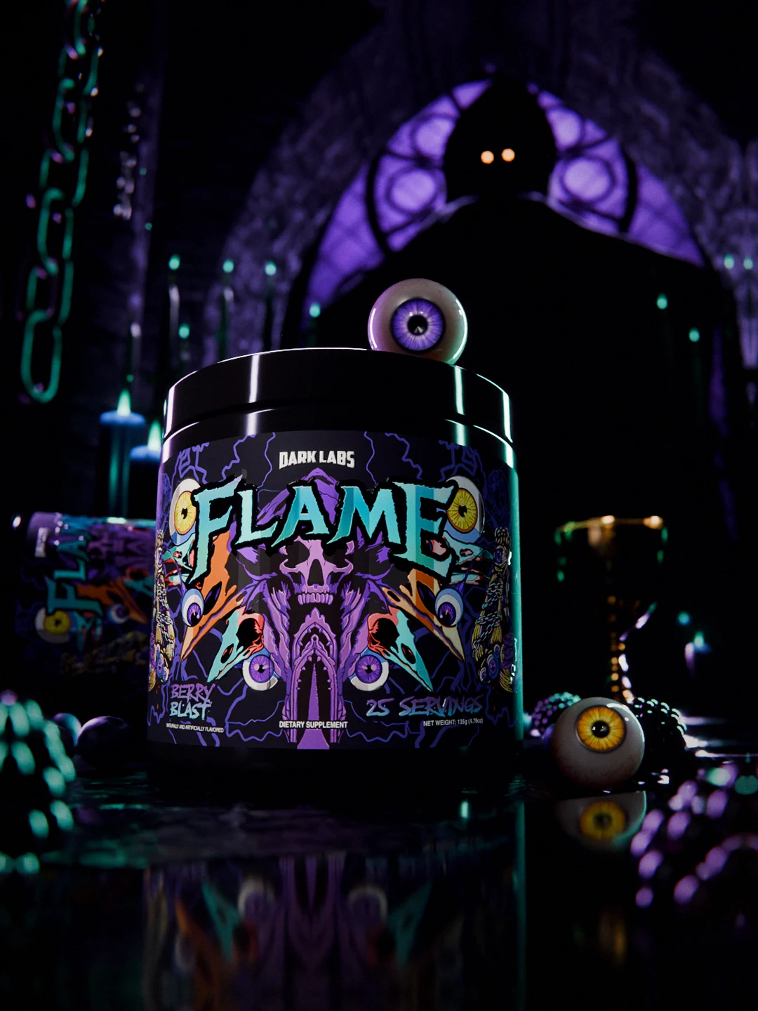 The same crypt scene with no liquid: the Dark Labs FLAME tub clean and dry with an eyeball resting on its lid