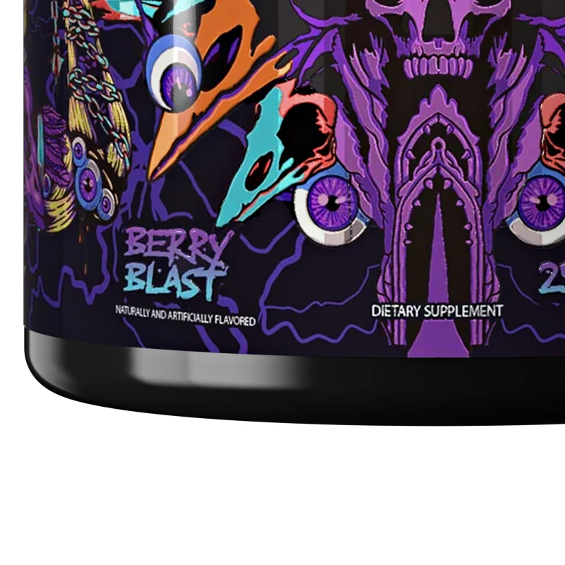 Close view of the Berry Blast flavor name at the bottom of the FLAME label on white