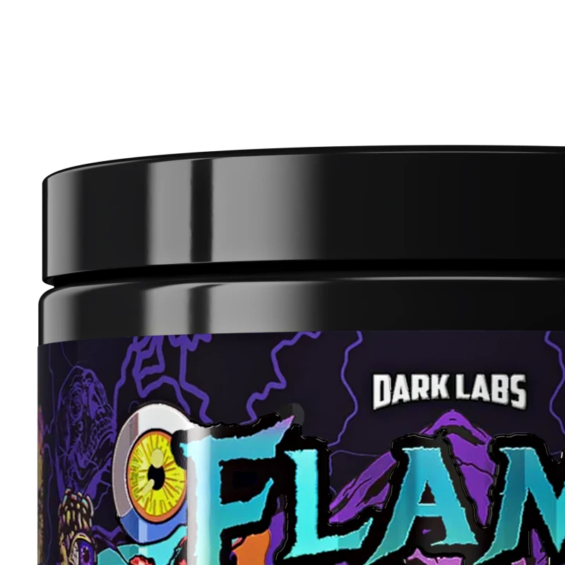 Close view of the black lid, the neck gap and the Dark Labs name on the FLAME tub on white