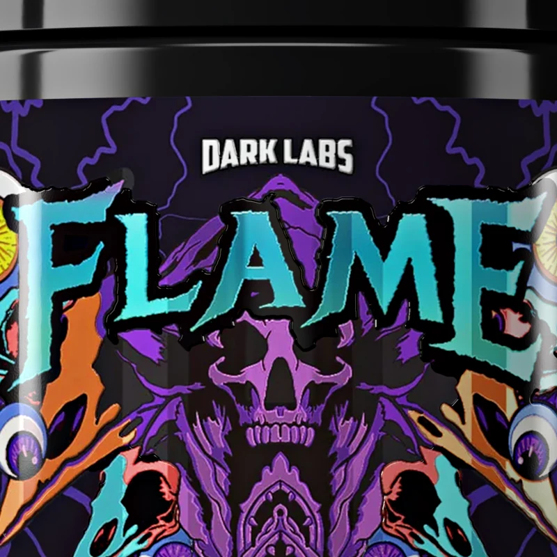 Close view of the FLAME name over the purple skull on the tub's label on white