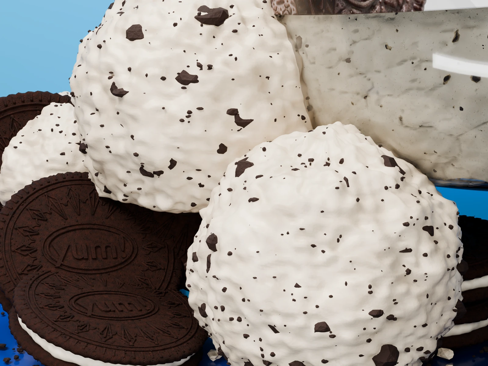 Close-up of modeled chocolate sandwich cookies, embossed yum lettering and textured cookies-and-cream ice cream
