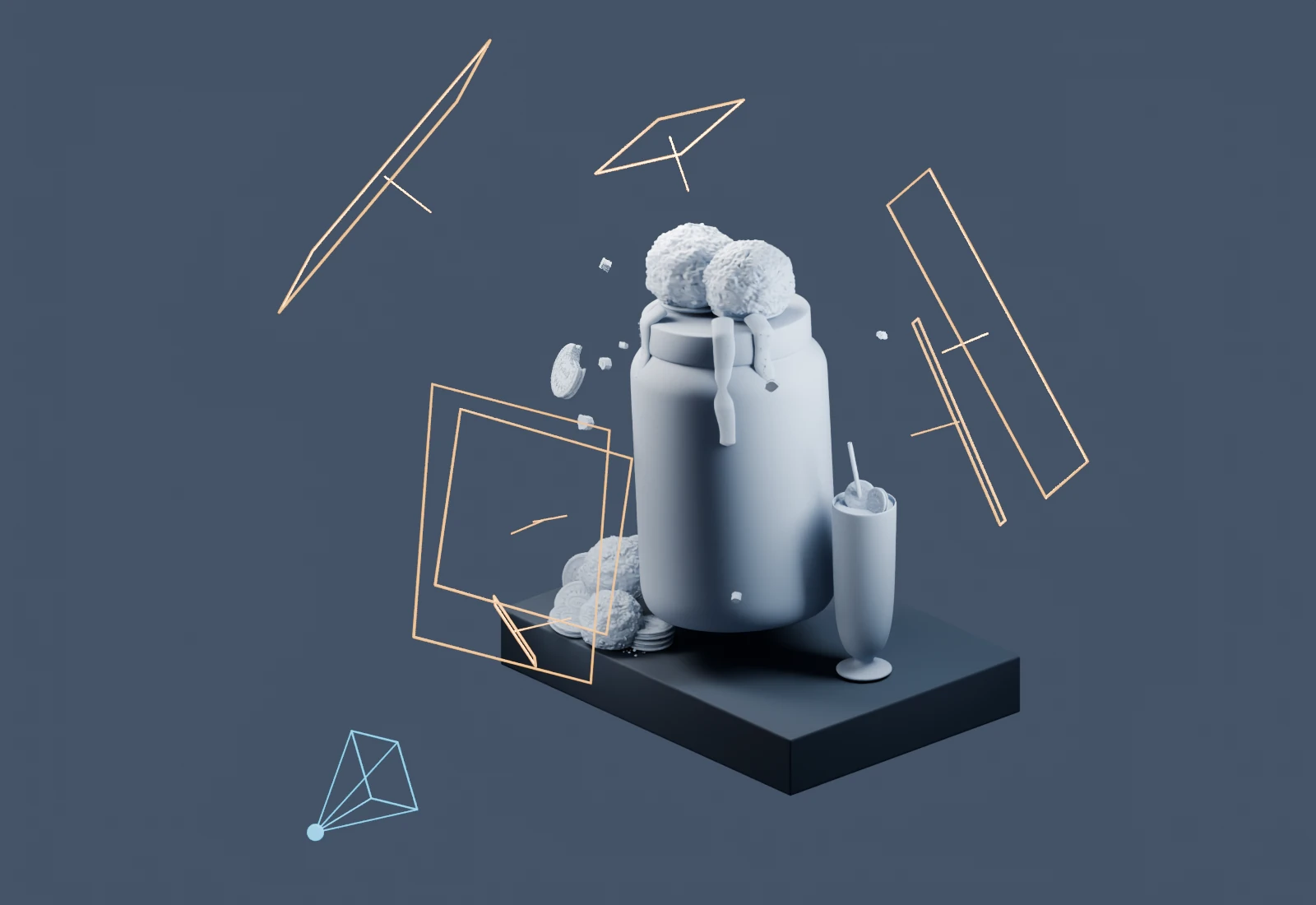 An overview of the actual lights and camera around the Double Dunk product scene in Blender