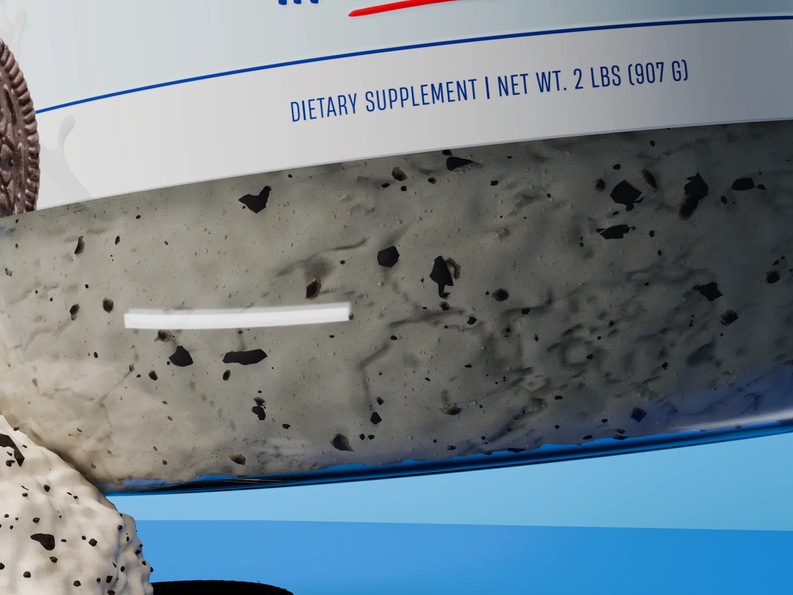 Fine pale protein powder with dark cookie inclusions visible through the clear product tub