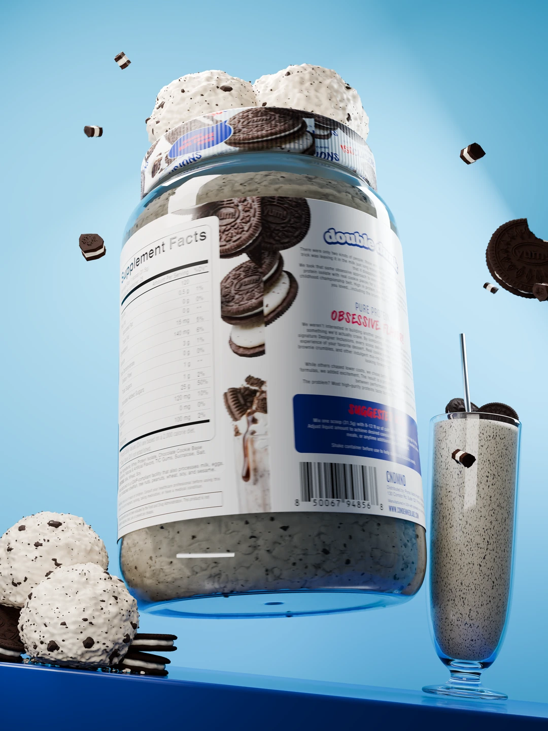 ISOCLUSIONS Double Dunk reverse label, cookies and clear tub during the continuous product turn