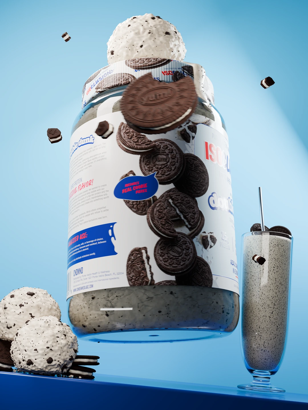 The Double Dunk label wraps around the curved tub as the cookies-and-cream product turns