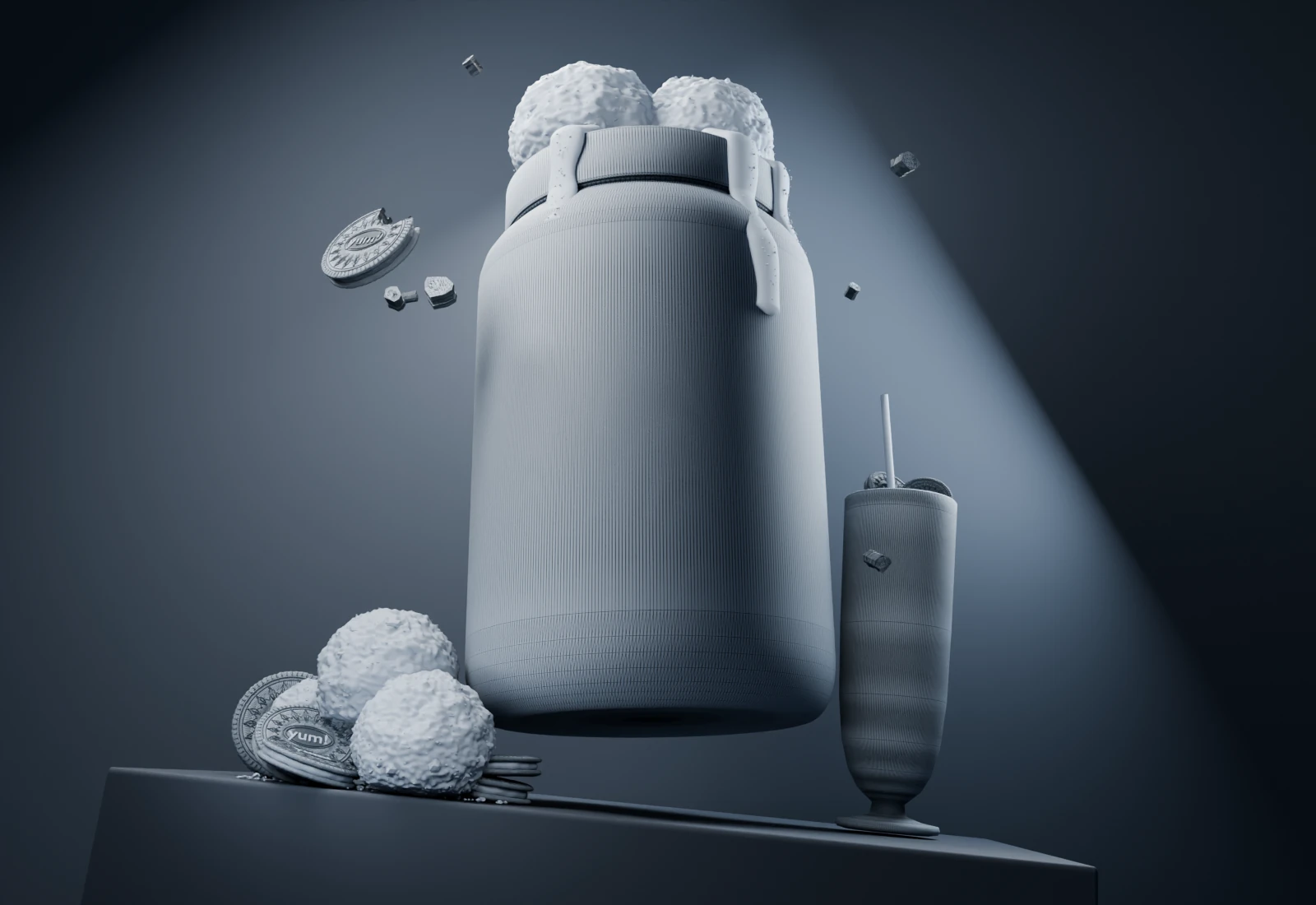 A topology view of the modeled Double Dunk tub, food props and surrounding scene