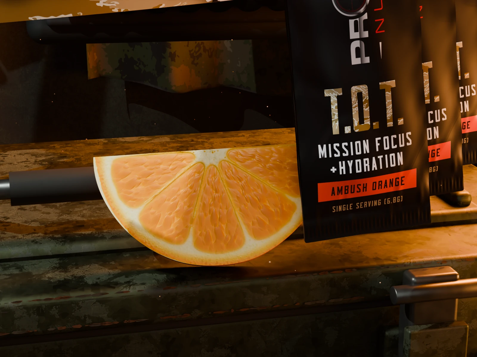 Close view of the modeled orange flesh, segment membranes and rind in the Ambush Orange scene