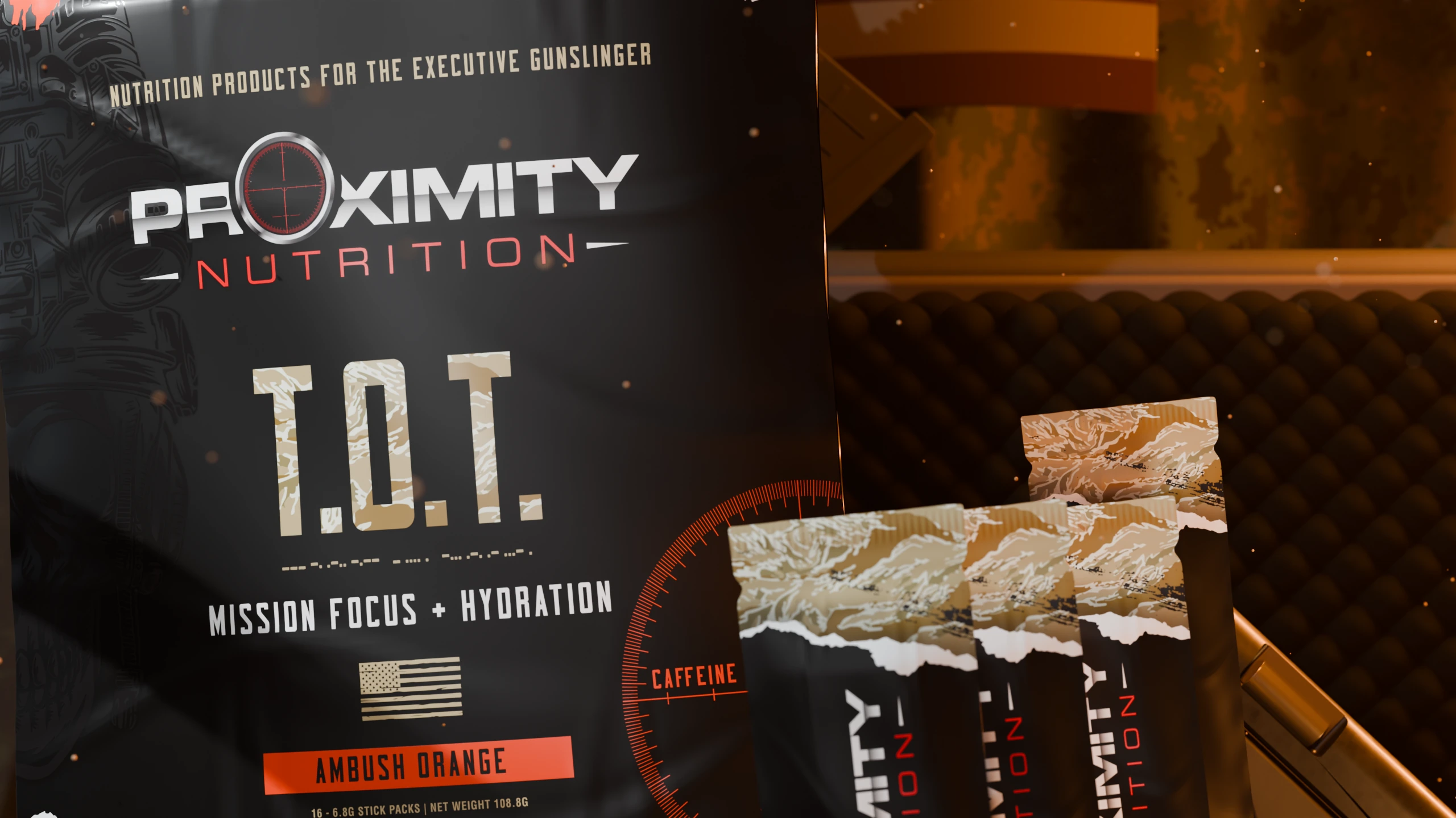Horizontal close-up of the Proximity T.O.T. pouch artwork and filled sticks, revealing printed foil, sealed edges and amber reflections