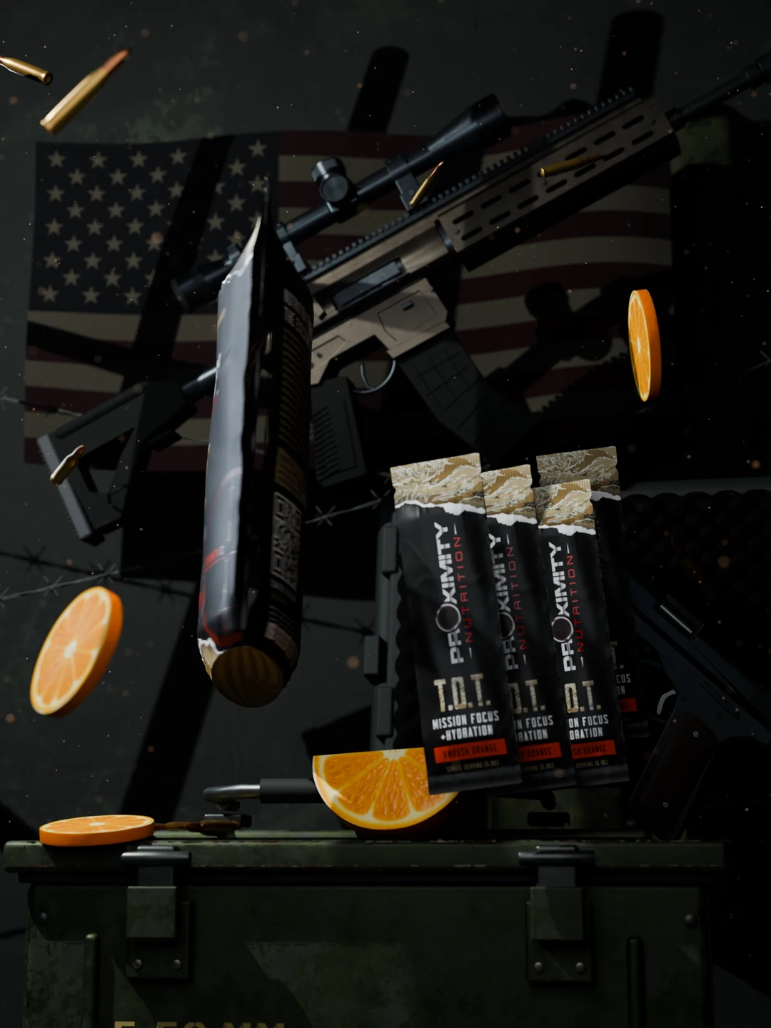 The Ambush Orange scene during a brief amber lighting dip, revealing hard shadows and the floating product silhouette