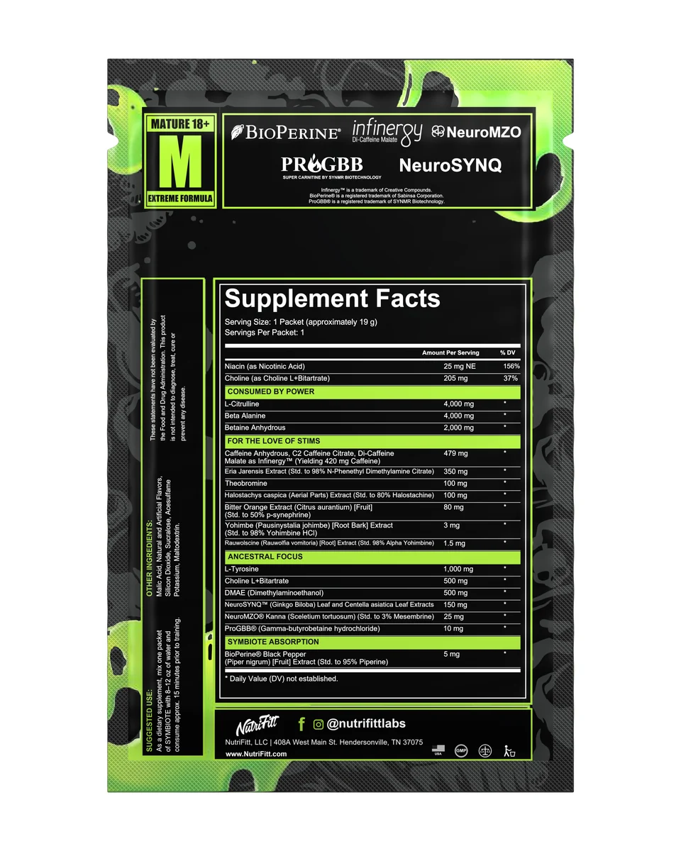 Symbiote Dragon Gummy sachet back artwork with supplement facts