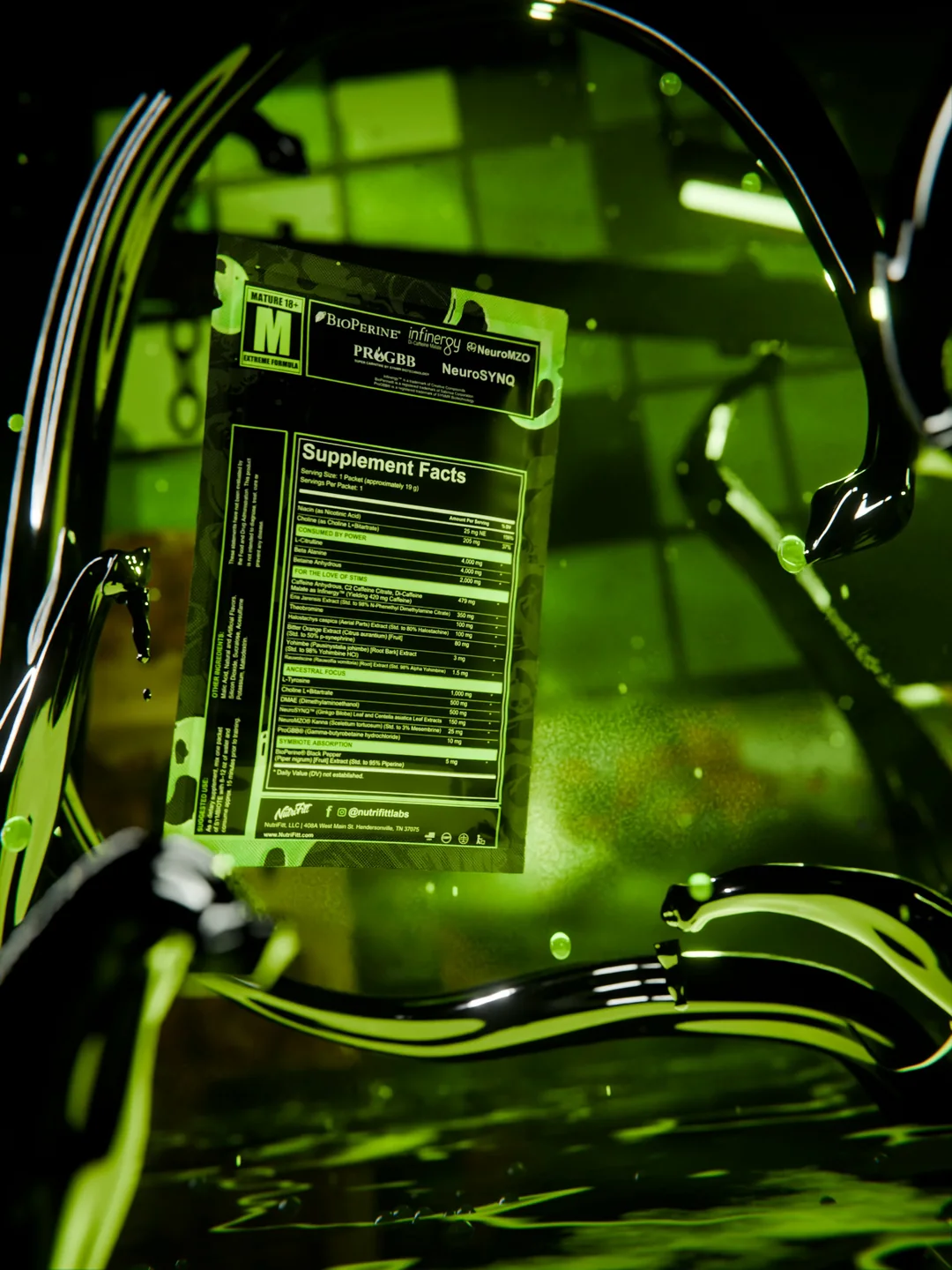 Back of the Symbiote sachet with the supplement facts panel under green light