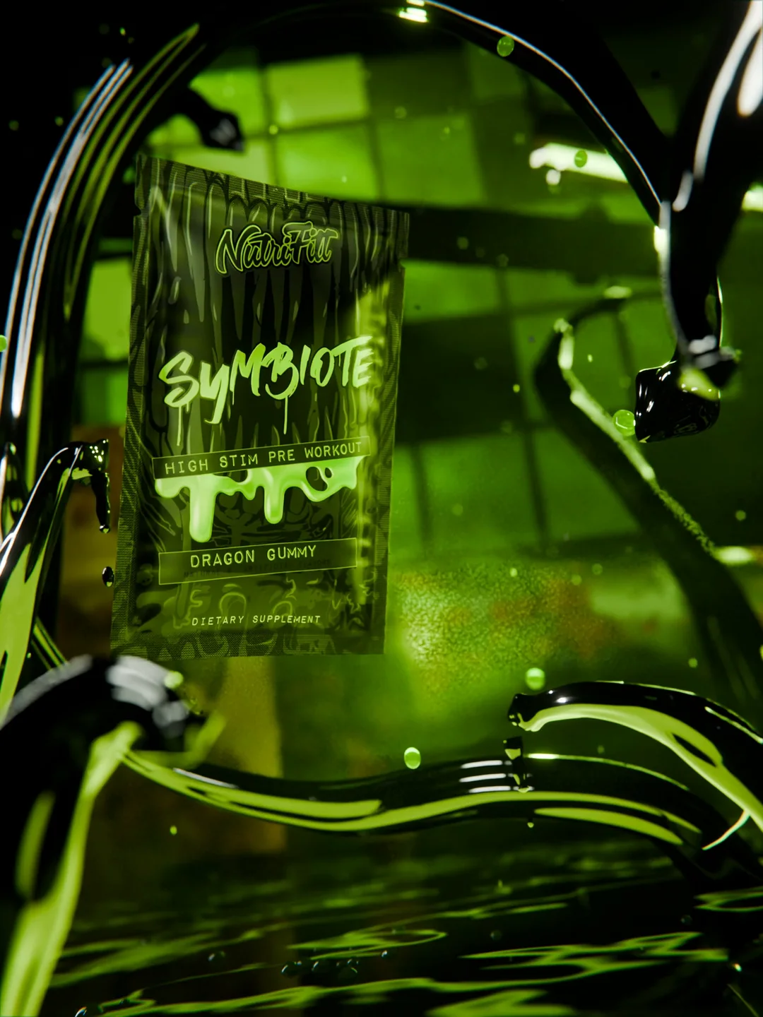 Symbiote Dragon Gummy sachet angled mid-turn between black tentacles