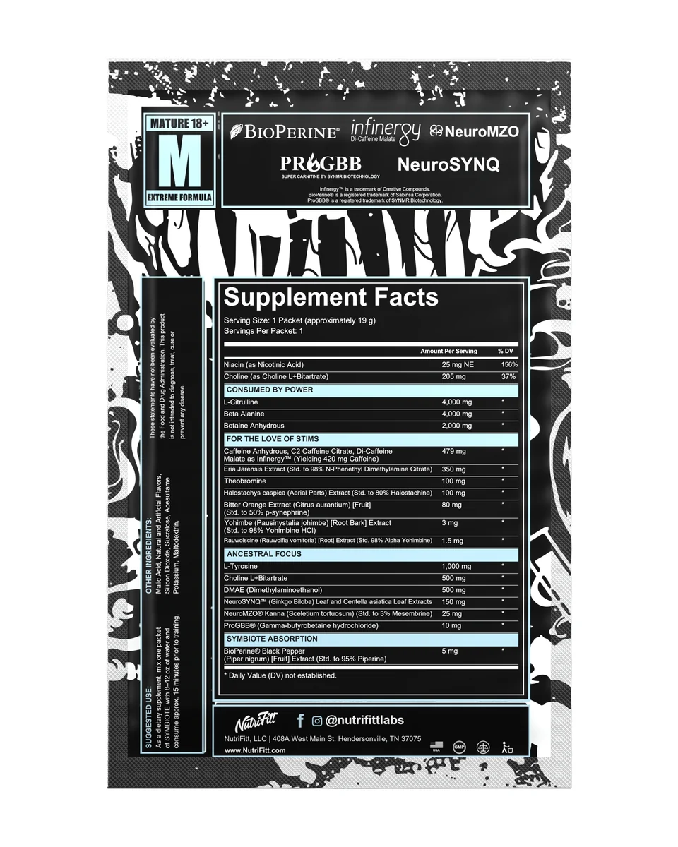 Symbiote White Out sachet back artwork with supplement facts