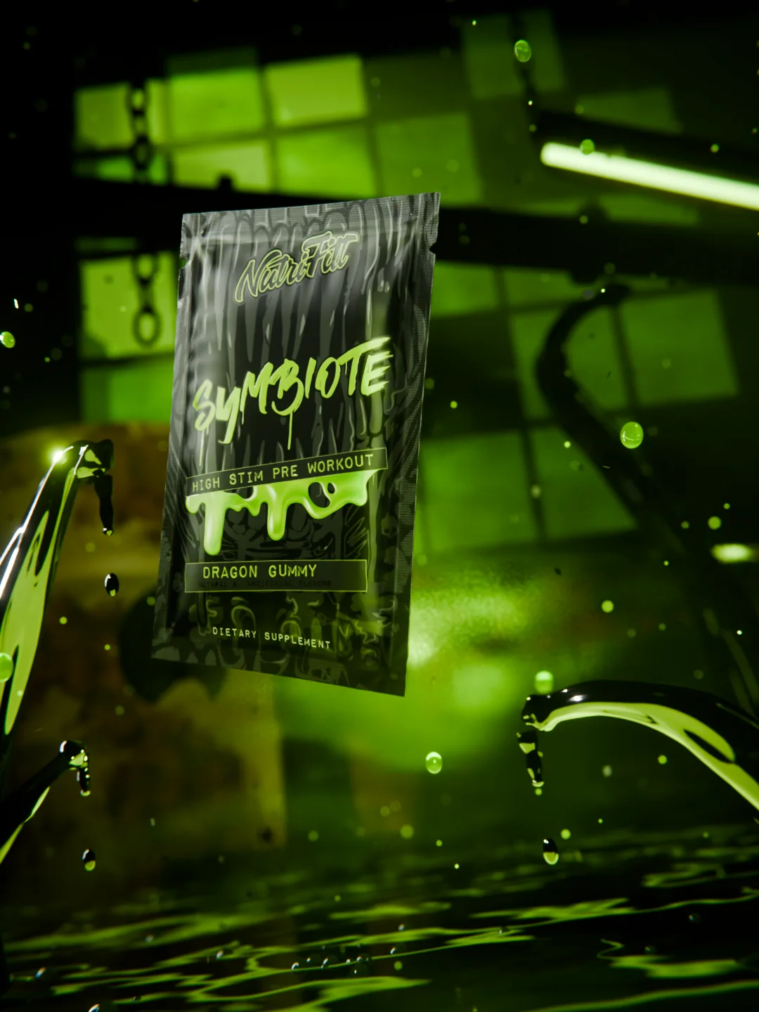 The Symbiote sachet floating in a toxic industrial room with black tentacles, drums and green haze