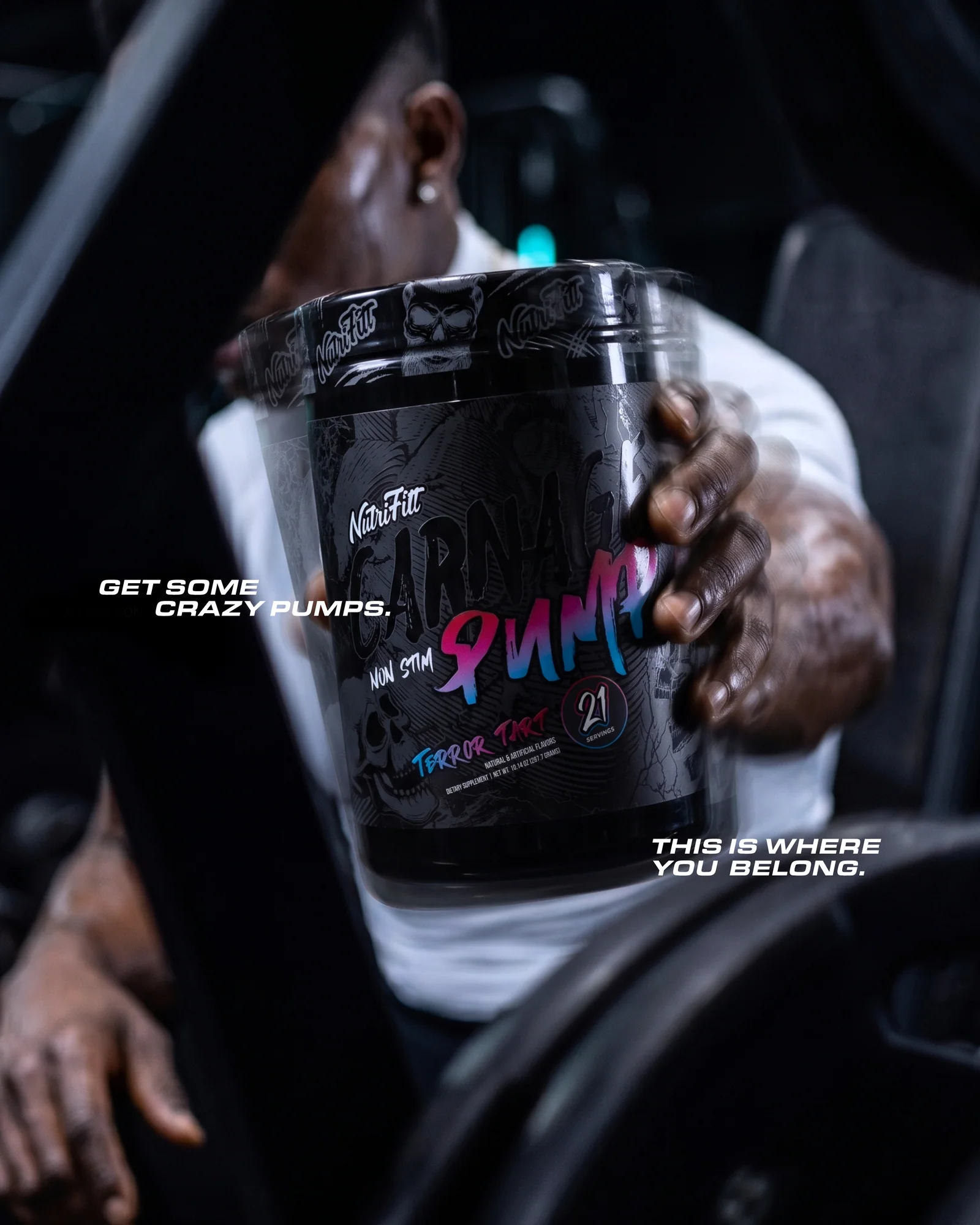 NutriFitt Carnage Pump presented in a gym; text reads Get some crazy pumps. This is where you belong.