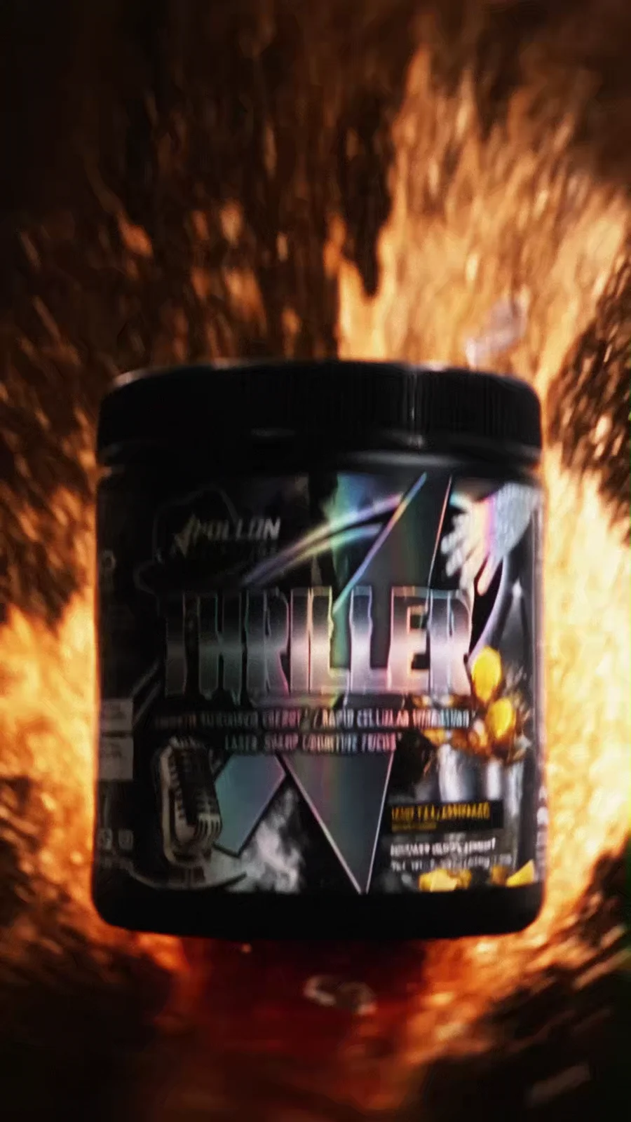 Apollon Nutrition Thriller tub framed by a burst of amber fire.