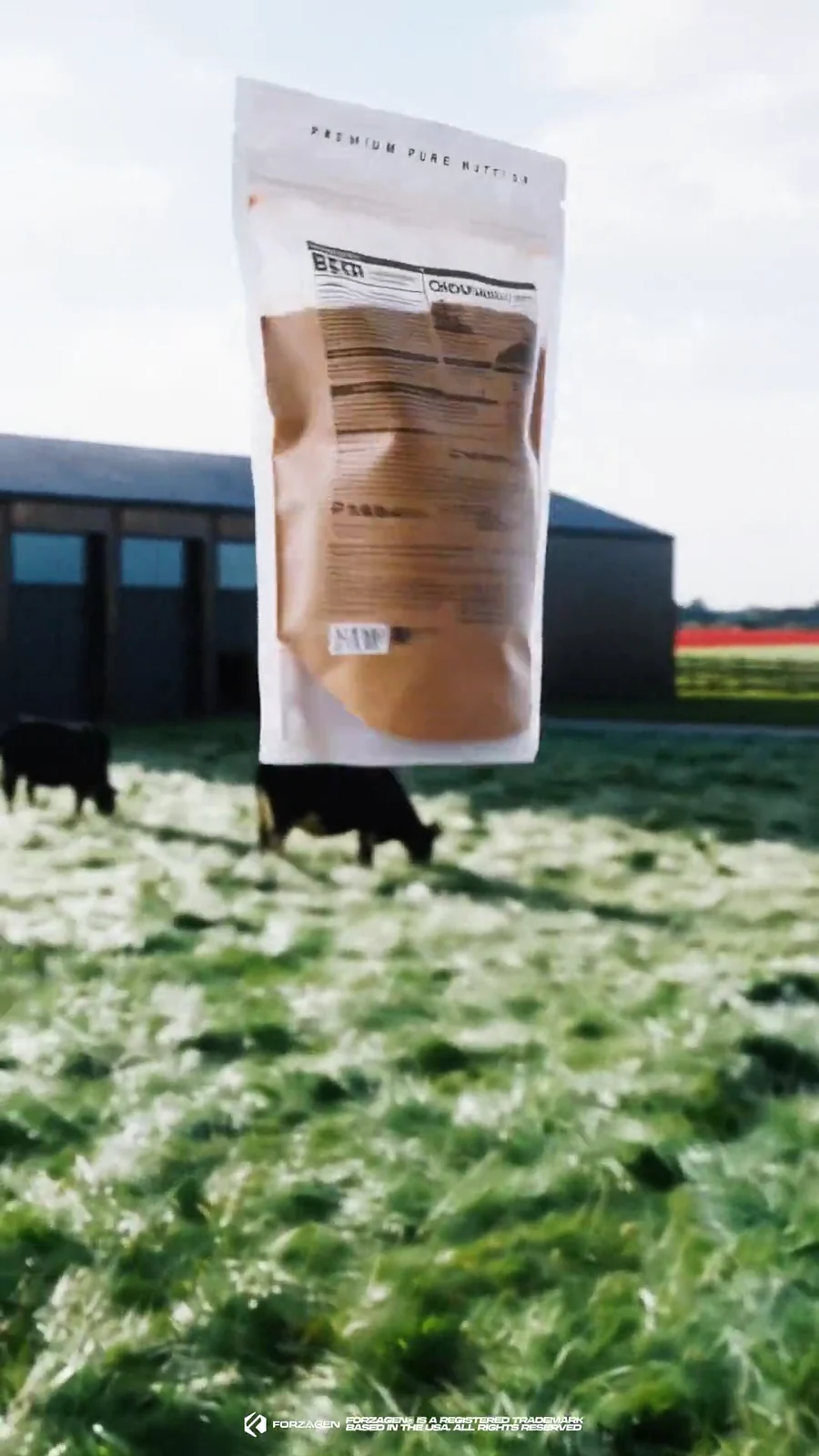 Forzagen Pure Beef bag floats above pasture grass with cattle and a ranch building behind it.