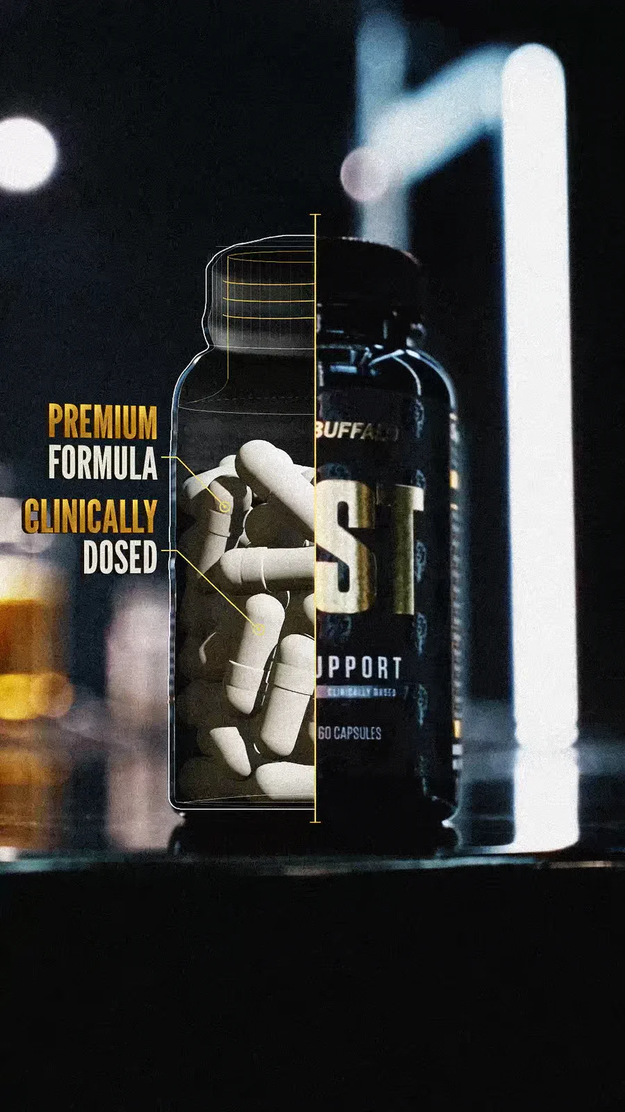 Big Buffalo TEST bottle split half solid, half see-through to show white capsules, with Premium Formula and Clinically Dosed callouts.
