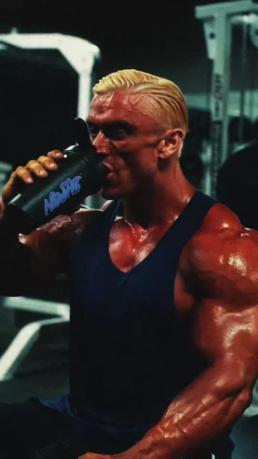 Lee Priest drinks from a blue branded shaker between sets in the gym.