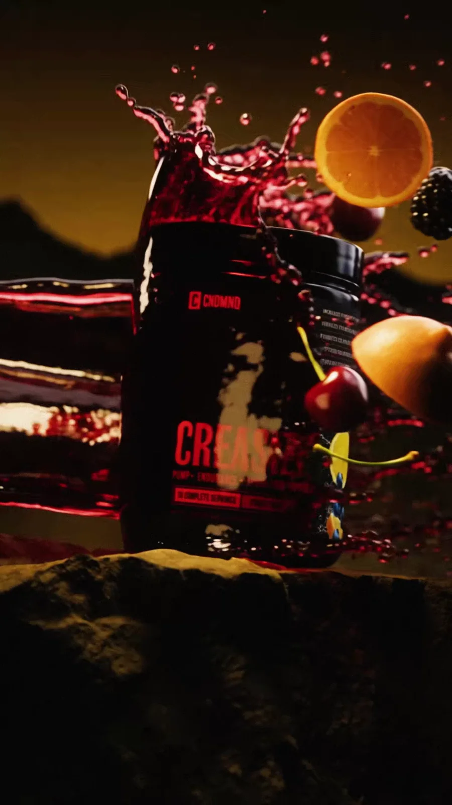 Creasize Fruit Punch tub surrounded by red liquid and flying fruit.