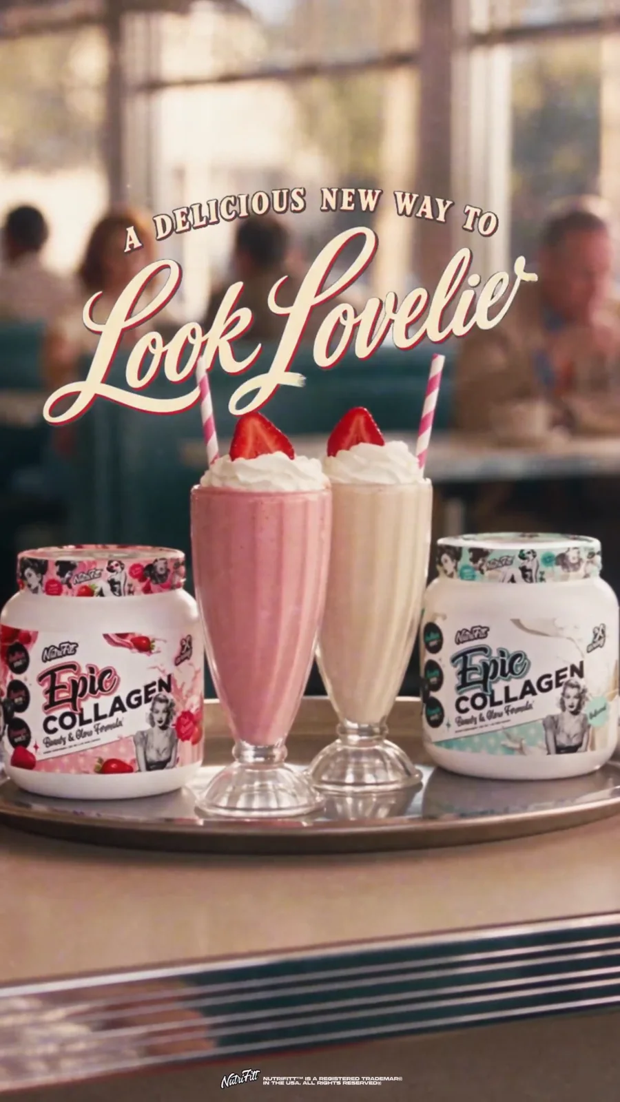 Two Epic Collagen tubs frame pink and vanilla milkshakes on a polished diner counter.