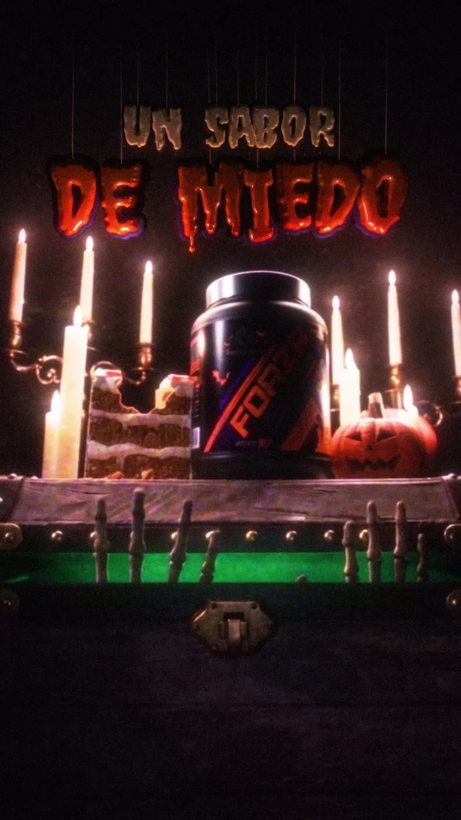 Forzawhey Pro Halloween Edition tub on a candlelit chest beside pumpkin cake and a jack-o'-lantern, under dripping 3D letters reading Un sabor de miedo.