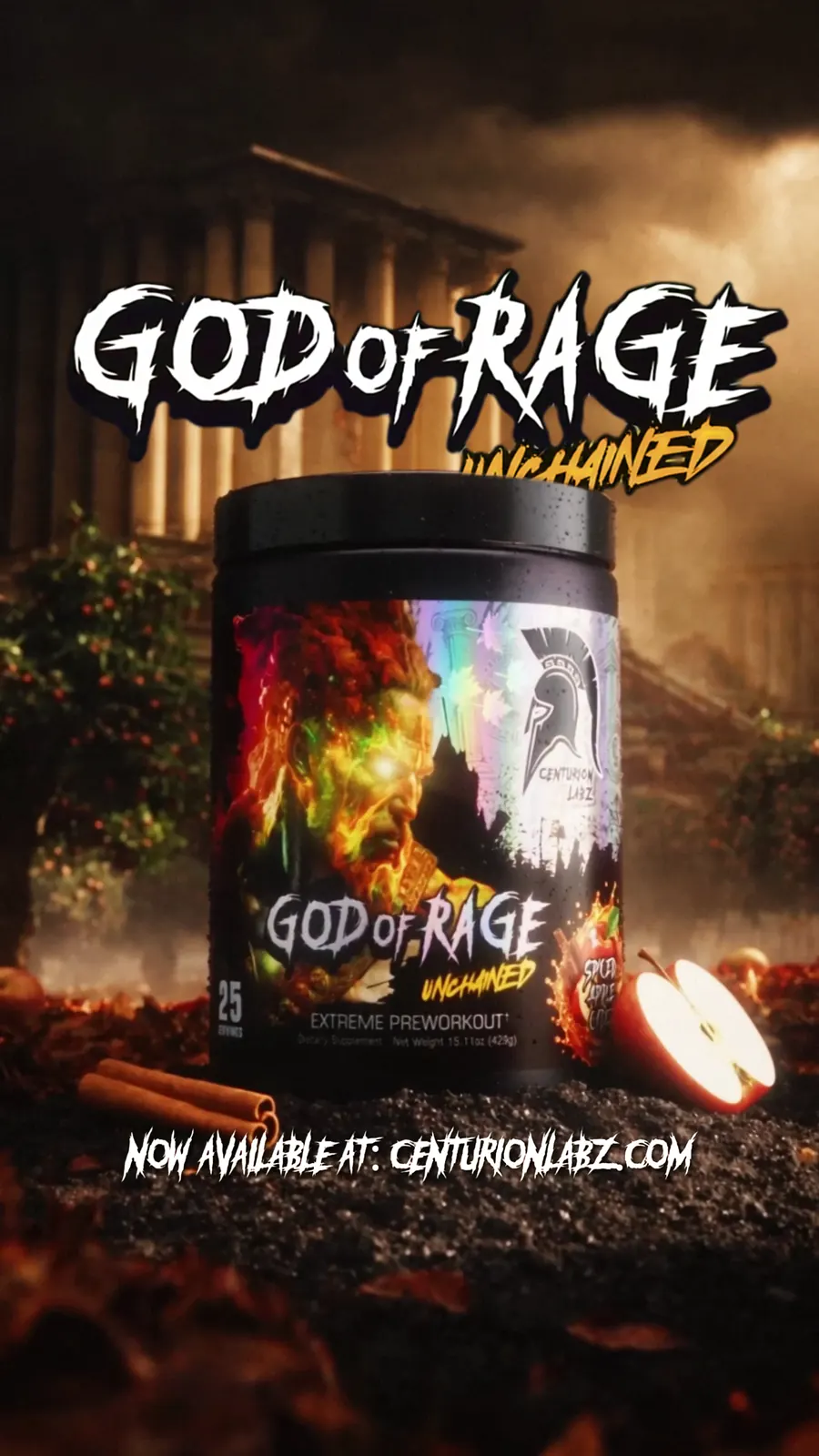 God of Rage Unchained pre-workout tub in a cinematic autumn orchard with a sliced red apple and cinnamon.