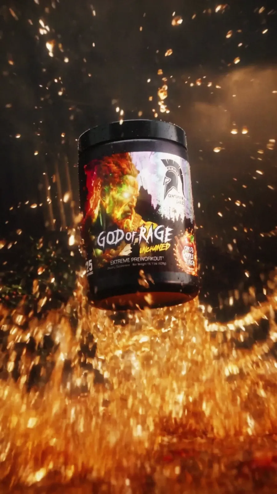God of Rage pre-workout tub emerging above an explosive golden cider splash.