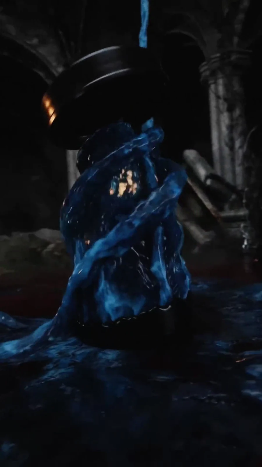 Electric-blue liquid coils around a black Holy Water supplement tub.