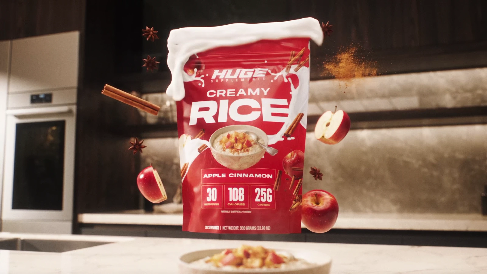 Red Apple Cinnamon Creamy Rice bag with floating apple and cinnamon ingredients in a modern kitchen.