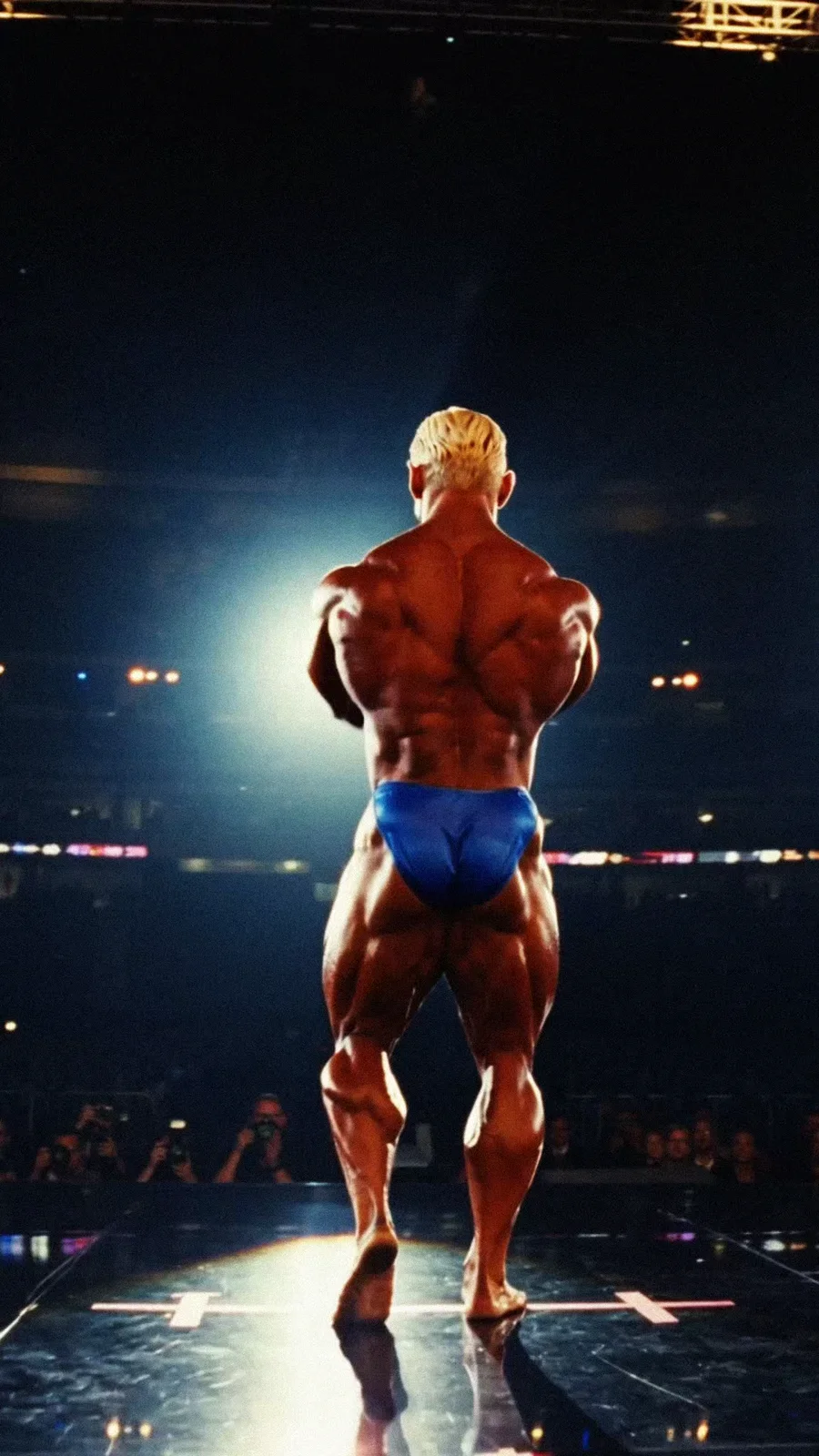 A bodybuilder viewed from behind on a brightly lit competition stage.