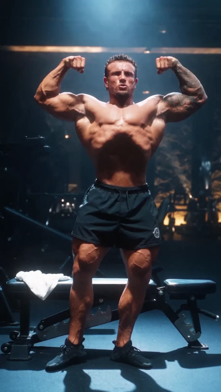 Cesare holds a front double-biceps pose beneath hard overhead light in a dark NutriFitt training film.