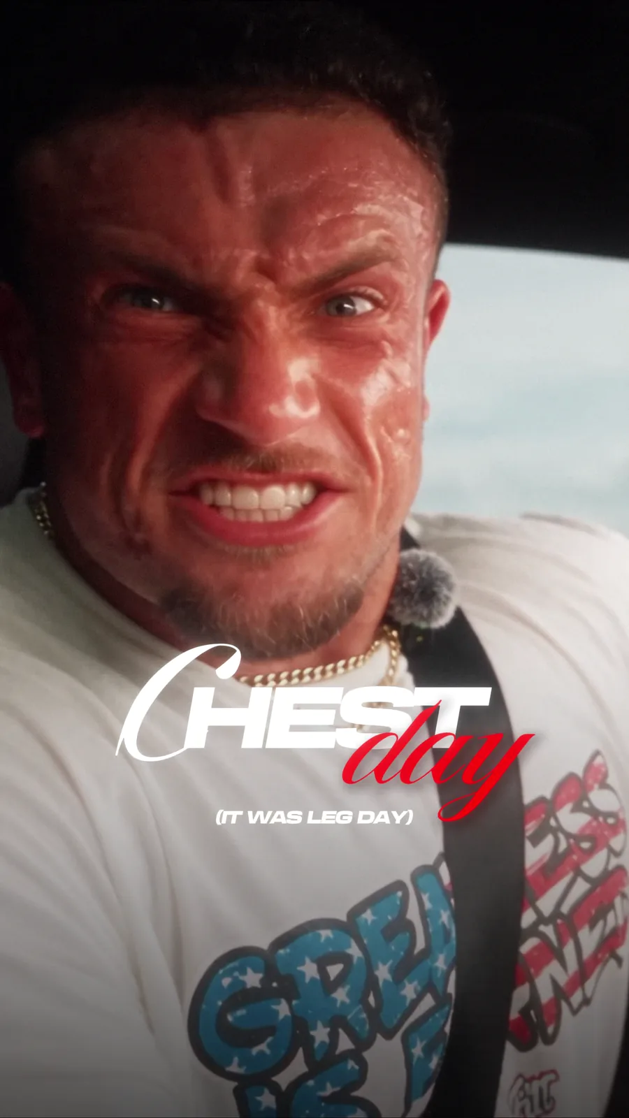 Cesare shouts from a car beneath the Chest Day title and the line It Was Leg Day.