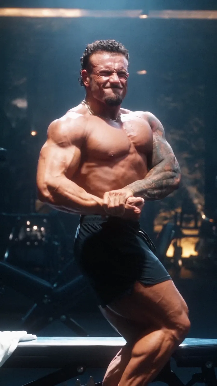 Cesare finishes the session with a side-chest pose under a single overhead beam.