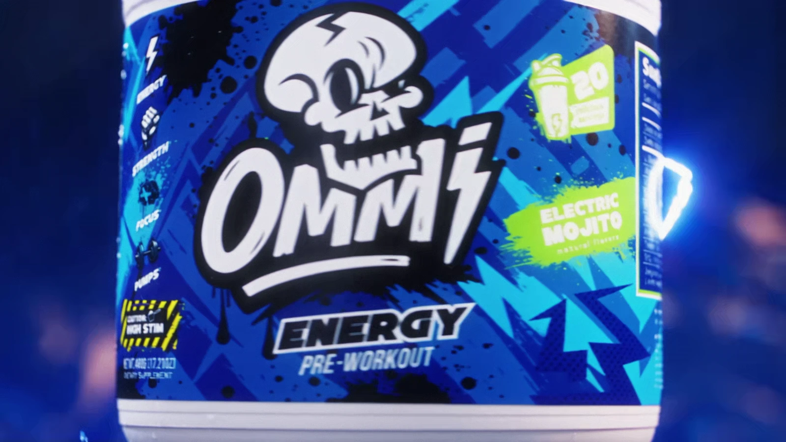 Extreme close-up of the blue Electric Mojito Ommi Energy tub with electric rim light.