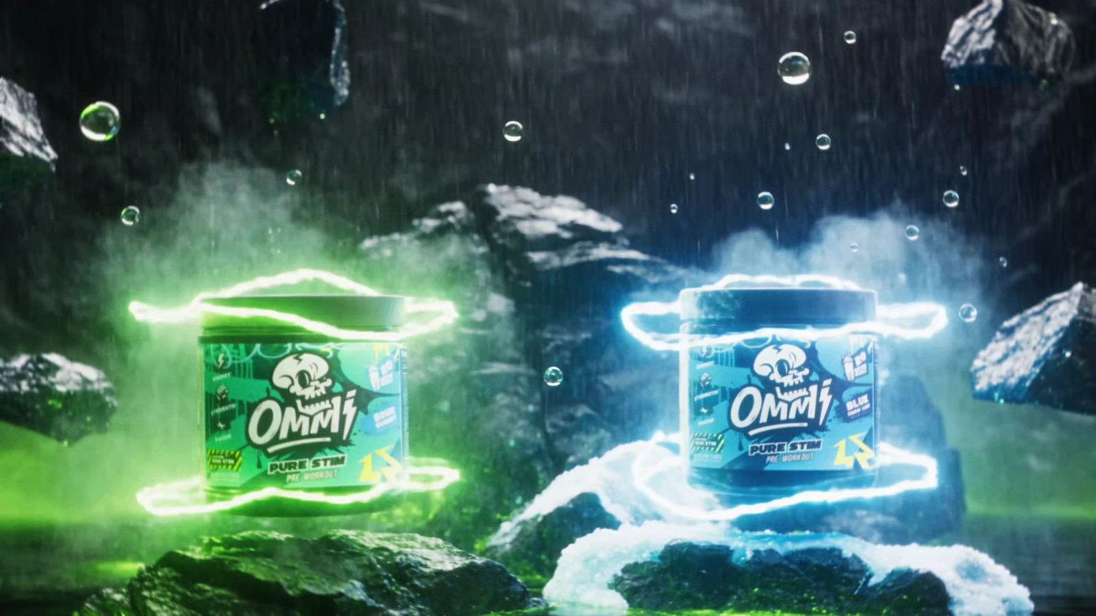 Green and blue Ommi Pure Stim tubs glow with energy rings among wet rocks and rain.