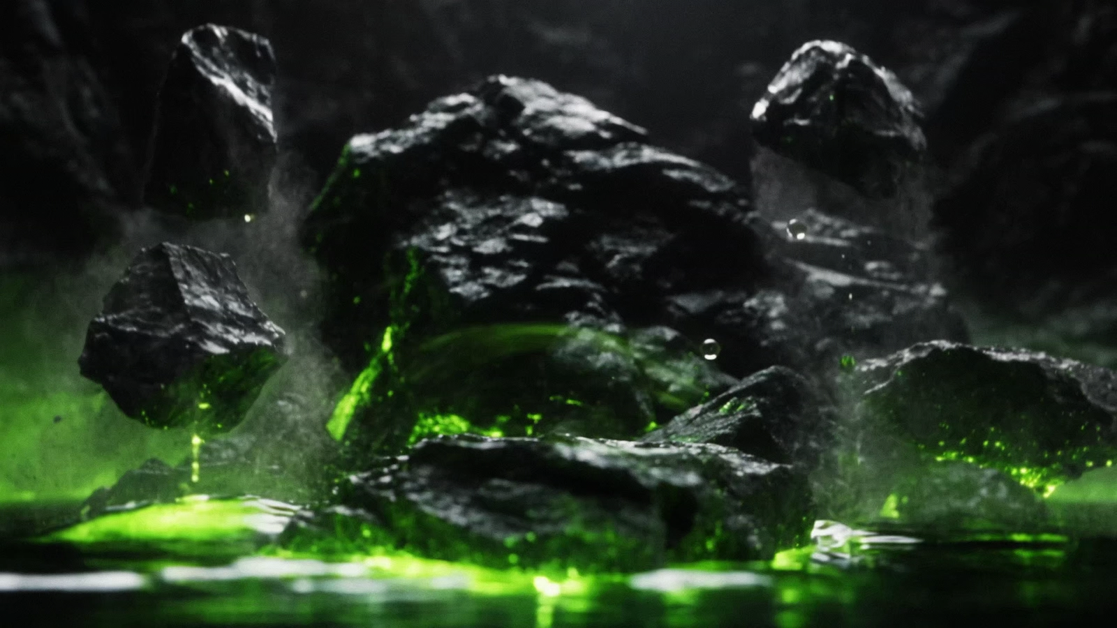 Black rocks levitate above neon-green liquid and mist in a dark cavern.