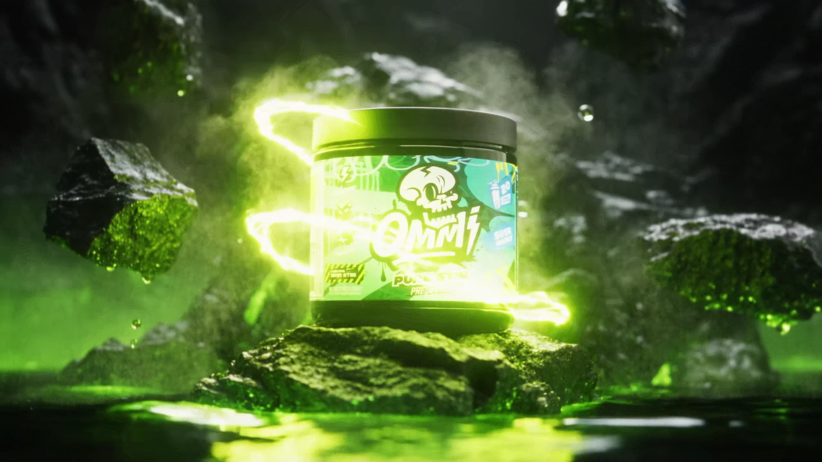 Single green Ommi Pure Stim tub backlit by neon energy on a rocky platform.