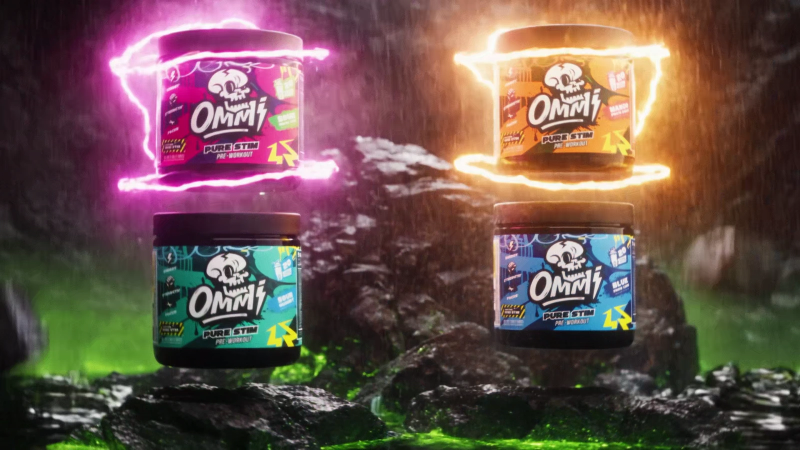 Four Ommi Pure Stim tubs in pink, orange, green, and blue staged in a rain-soaked rocky world.