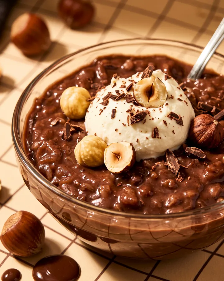 Macro of a chocolate hazelnut cereal bowl topped with cream, hazelnuts and chocolate shavings.