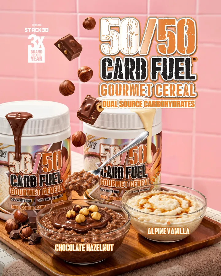 Mobile website banner: two 50/50 Carb Fuel tubs with Chocolate Hazelnut and Alpine Vanilla bowls under the Gourmet Cereal headline.