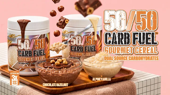 Desktop website banner: 50/50 Carb Fuel tubs with Chocolate Hazelnut and Alpine Vanilla bowls on a wooden tray beside the Gourmet Cereal headline.